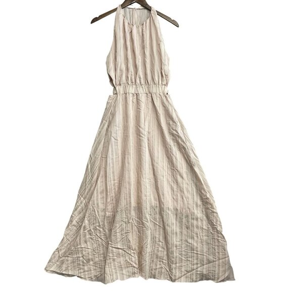 Grade & Gather Women's M Beige Stripe Maxi Dress Halter Neck Elastic Waist - Picture 1 of 10